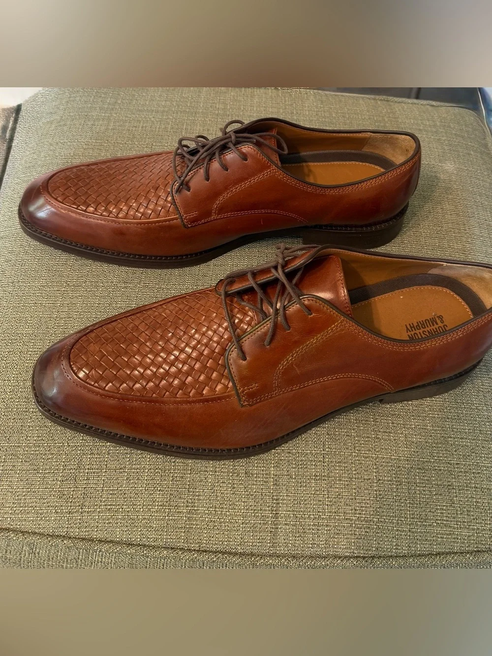 Johnston & Murphy Woven Leather Lace-Up Oxfords in Chestnut Brown